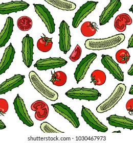 Vector Seamless Pattern with Mini Cucumbers Pickling, Gherkin, Pickles, Half of Cucumber, Red Tomatoes and Tomato Slices. Fresh Green Vegetable Salad. Healthy Vegetarian Cuisine. Savoyar Doodle Style.