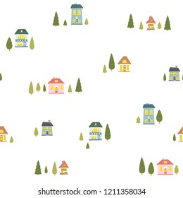 Vector seamless pattern in minimalism style. Christmas winter landscape with houses. Snowy evening village.