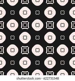 Vector seamless pattern, minimalist geometric monochrome texture with simple figures, smooth outline squares, circles, regular grid. Abstract contrast background, repeat tiles. Stylish design element