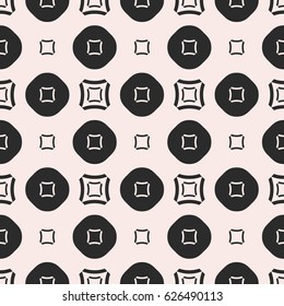 Vector seamless pattern, minimalist geometric monochrome texture with simple figures, smooth outline squares, circles, regular grid. Abstract repeat background, hipster style. Stylish design element