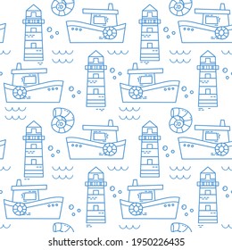 Vector seamless pattern in a minimalist style. Outline drawing, linear icons. Ship in the ocean, lighthouse, shell. Port, sea transport, travel. Sea life background design, print, textile, poster.