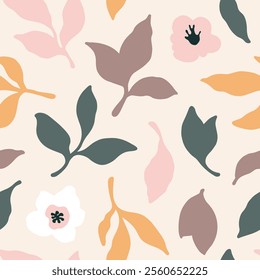 Vector seamless pattern with minimalistic floral elements and leaves in soft pastel colors. Perfect for textiles, wallpapers, packaging, and modern design projects.