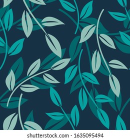 Vector seamless pattern with minimalistic leaves. Botanical background in the blue colors.