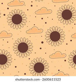 Vector seamless pattern with minimalistic outline sunflowers and clouds. Ideal for textiles, print and digital designs and more.

