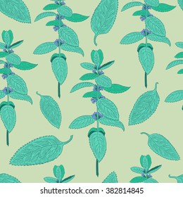 Vector seamless pattern with mint branches and leafs. 