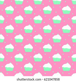 Vector seamless pattern of mint cakes and dots with pink background