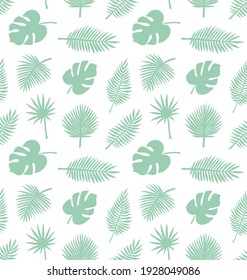 Vector seamless pattern of mint green hand drawn palm leaves silhouette isolated on white background