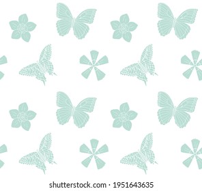 Vector seamless pattern of mint green hand drawn doodle sketch butter fly and flowers isolated on white background