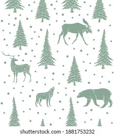 Vector seamless pattern of mint hand drawn doodle sketch forest animals and spruce trees isolated on white background