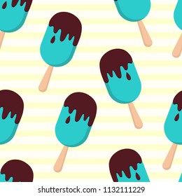 Vector seamless pattern with mint ice cream in chocolate glaze on striped backdrop. Background for textile and fabric, wrapping paper for sweets shop. Creative colorful wallpaper. EPS10.