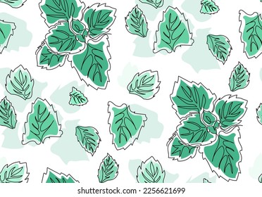 Vector seamless pattern with mint leaves in continuous one line drawing. Minimalistic line art background.