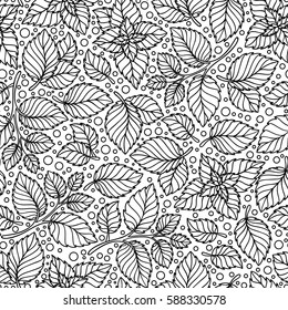 Vector seamless pattern  of mint leaves . black and white graphics Linear. Hand drawing.Good for textile printing and adult coloring books.