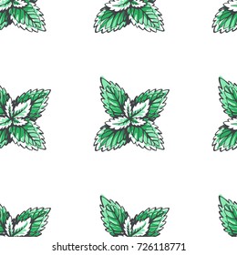 Vector seamless pattern with mint leaves. Botanical hand drawn illustration of herb. Floral texture in sketch style
