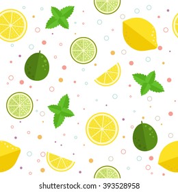 Vector seamless pattern with mint, lemon, lime. Pattern in hipster  flat style. Illustration good for summer card, wedding invitation, birthday card, poster, texture, fabric.