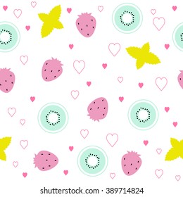 Vector seamless pattern with mint, strawberry, kiwi. Pattern in hipster, children style. Illustration good for summer wedding invitation, birthday card, poster,  texture, fabric. Pattern in flat style