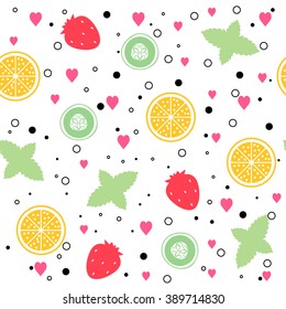 Vector seamless pattern with mint, strawberry, cucumber, lemon. Pattern in hipster style. Illustration good for summer wedding invitation, birthday card, poster, texture, fabric. Pattern in flat style