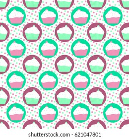 Vector seamless pattern of mint and violet cakes with colorful dots