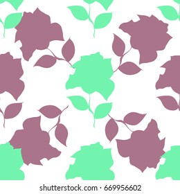 Vector seamless pattern of mint and violet overlaying silhouettes of roses