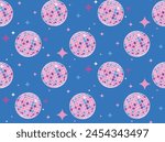 Vector seamless pattern with mirror shiny disco balls and stars. Colorful background in flat style