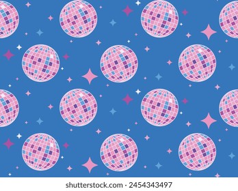 Vector seamless pattern with mirror shiny disco balls and stars. Colorful background in flat style