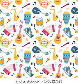 Vector seamless pattern with misic instruments: guitar, accordion, drum, saxophone, flute, trumpet and musical notes. Colored repeated texture for music festival. Print with music equipment.