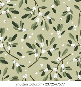 Vector seamless pattern with mistletoe branches on green background. For fabric, wallpaper, packaging, textile, web design.