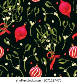 Vector seamless pattern with mistletoe and christmas balls on black background