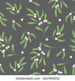 Vector seamless pattern with mistletoe twigs on dark gray background; white mistletoe for fabric, wallpaper, packaging, textile, web design.