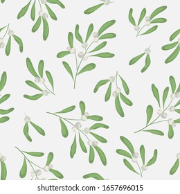 Patrón de vectores sin fisuras con ramas de mistletoen fondo blanco; mistletoe blanco para tela, papel pintado, embalaje, textil, diseño web.