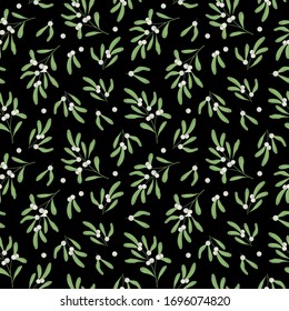 Vector seamless pattern with mistletoe twigs on black background; white mistletoe for fabric, wallpaper, packaging, textile, web design.