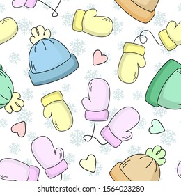 Vector seamless pattern with mittens, hats, hearts and snowflakes; winter design for wrapping paper, greeting card, wallpaper, fabric, gift box, web design.