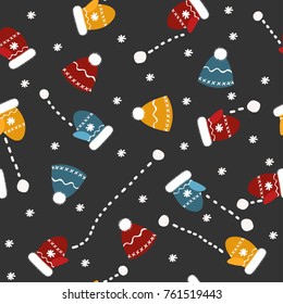 Vector seamless pattern with mittens hats and snowballs. Black background. Abstract simple ornamental illustration