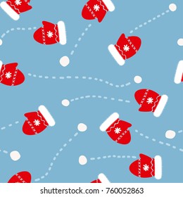Vector seamless pattern with mittens and snowballs. Blue background. Abstract simple ornamental illustration for web and prints