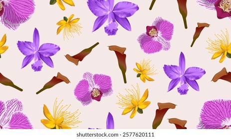 Vector seamless pattern of a mix of beautiful flowers blooming. Suitable for background, wrapping, fabric texture pattern