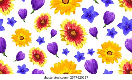 Vector seamless pattern of a mix of beautiful flowers blooming. Suitable for background, wrapping, fabric texture pattern