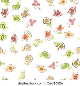 Vector seamless pattern with mixed fruits on white backgroud. Lifght backdrop.