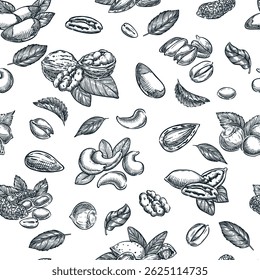 Vector seamless pattern with mixed nuts. Hand drawn sketch illustration. Food vegetarian organic products. Fabric design, wrapping paper, textile print