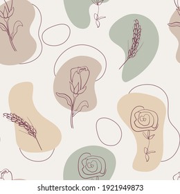 Vector seamless pattern. Modern abstract background in pastel colors. Minimal geometric shapes, botanical plant and floral elements, line art. Designs for social media marketing, stylish prints.