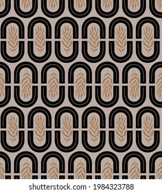 Vector seamless pattern with modern arch, palm leaves, plant, abstract shapes and form. Bohemian aesthetic abstract illustration