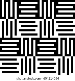 Vector seamless pattern. Modern background, figurative design with striped alternating black white lines. Backdrop, texture with mechanical geometry. Checkered industrial tile, lattice, grille