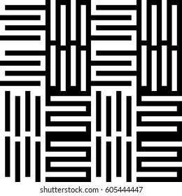 Vector seamless pattern. Modern background, figurative design with striped alternating black white lines. Backdrop, texture with mechanical geometry. Checkered industrial tile, lattice, grille