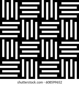 Vector seamless pattern. Modern background, figurative design with striped alternating black white lines. Backdrop, texture with mechanical geometry. Checkered industrial tile, lattice, grille