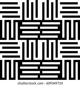 Vector seamless pattern. Modern background, figurative design with striped alternating black white lines. Backdrop, texture with mechanical geometry. Checkered industrial tile, lattice, grille