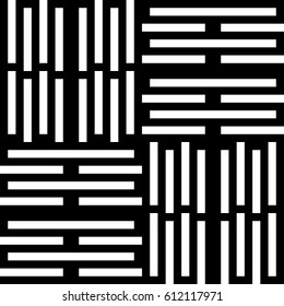 Vector seamless pattern. Modern background, figurative design with striped alternating black white lines. Backdrop, texture with mechanical geometry. Checkered industrial tile, lattice, grille