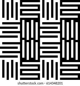 Vector seamless pattern. Modern background, figurative design with striped alternating black white lines. Backdrop, texture with mechanical geometry. Checkered industrial tile, lattice, grille