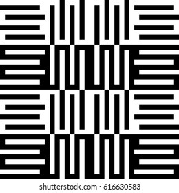 Vector seamless pattern. Modern background, figurative design with striped alternating black white lines. Backdrop, texture with mechanical geometry. Checkered industrial tile, lattice, grille