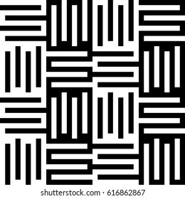 Vector seamless pattern. Modern background, figurative design with striped alternating black white lines. Backdrop, texture with mechanical geometry. Checkered industrial tile, lattice, grille