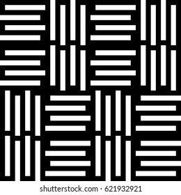 Vector seamless pattern. Modern background, figurative design with striped alternating black white lines. Backdrop, texture with mechanical geometry. Checkered industrial tile, lattice, grille