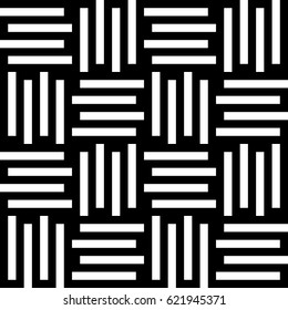 Vector seamless pattern. Modern background, figurative design with striped alternating black white lines. Backdrop, texture with mechanical geometry. Checkered industrial tile, lattice, grille