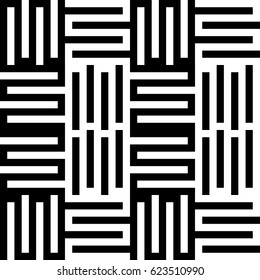 Vector seamless pattern. Modern background, figurative design with striped alternating black white lines. Backdrop, texture with mechanical geometry. Checkered industrial tile, lattice, grille